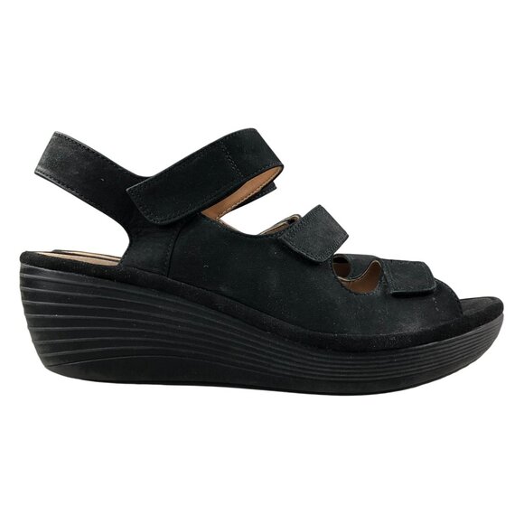 Clarks Women's Size 9.5M Reely Juno Black Leather 3 Strap Wedge Heel Sandals - Picture 1 of 16